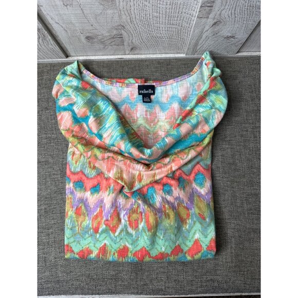 Rafaella Womens Large Shirt Coral Orange Green Cowl Neck Short Sleeve Boho Top - Picture 2 of 7